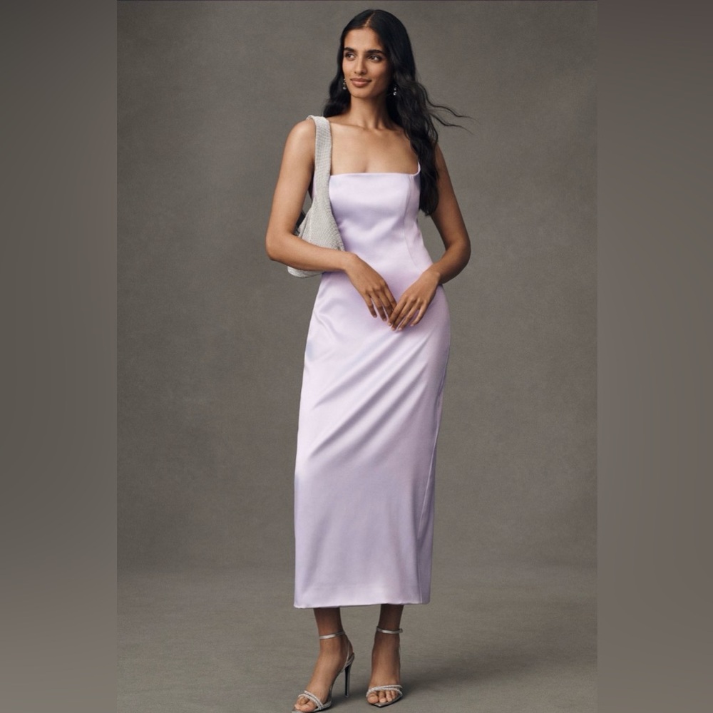 [NWT] BHLDN Stretch Satin Square-Neck
Column Midi Dress Lilac XS